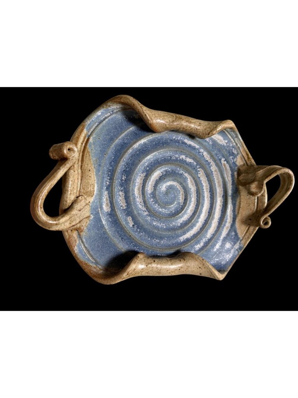 Artisan Pottery Blue tan Spiral Glazed Art Serving Dish Handles Handmade Signed